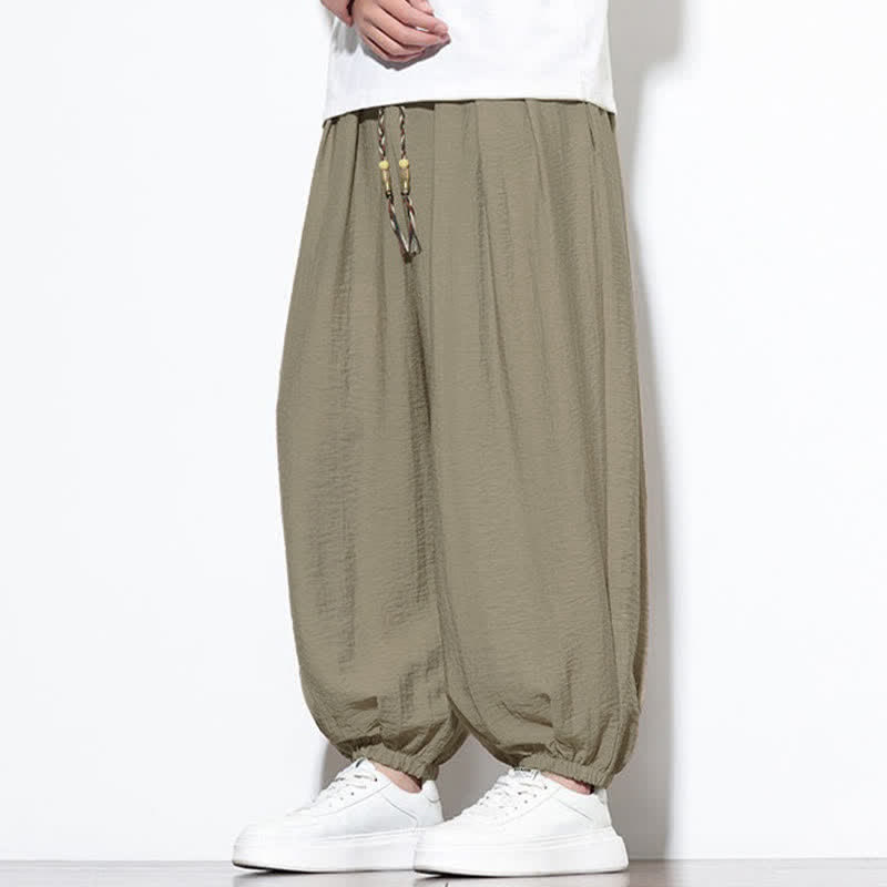 Buddha Stones Pantaloni corti estivi casual boho con coulisse, pantaloni harem da uomo a tinta unita con tasca - image 31