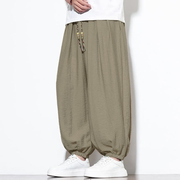 Buddha Stones Pantaloni corti estivi casual boho con coulisse, pantaloni harem da uomo a tinta unita con tasca - image 31