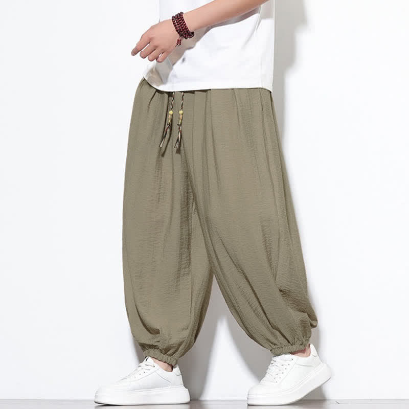 Buddha Stones Pantaloni corti estivi casual boho con coulisse, pantaloni harem da uomo a tinta unita con tasca - image 28