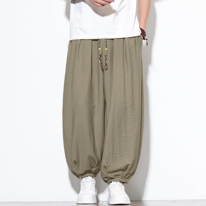 Buddha Stones Pantaloni corti estivi casual boho con coulisse, pantaloni harem da uomo a tinta unita con tasca - Tan - US/UK/AU46, EU56 (5XL) - image 26