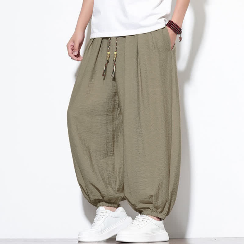 Buddha Stones Pantaloni corti estivi casual boho con coulisse, pantaloni harem da uomo a tinta unita con tasca - image 33
