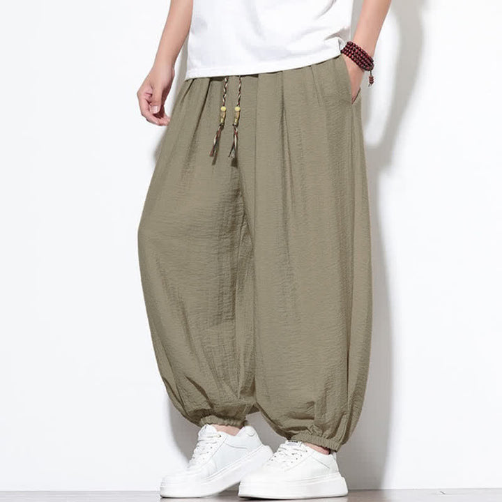 Buddha Stones Pantaloni corti estivi casual boho con coulisse, pantaloni harem da uomo a tinta unita con tasca - image 33