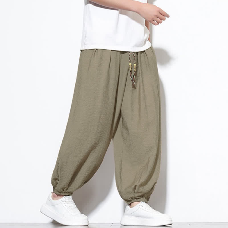 Buddha Stones Pantaloni corti estivi casual boho con coulisse, pantaloni harem da uomo a tinta unita con tasca - image 27