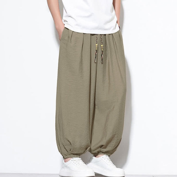 Buddha Stones Pantaloni corti estivi casual boho con coulisse, pantaloni harem da uomo a tinta unita con tasca - image 30
