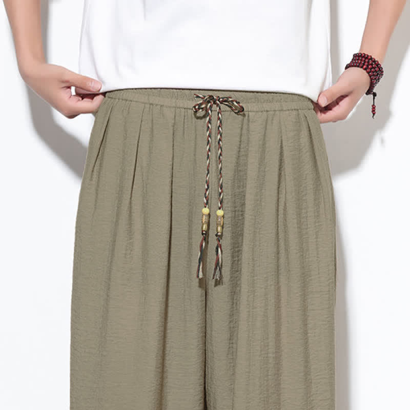 Buddha Stones Pantaloni corti estivi casual boho con coulisse, pantaloni harem da uomo a tinta unita con tasca - image 34