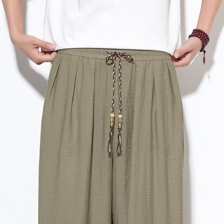 Buddha Stones Pantaloni corti estivi casual boho con coulisse, pantaloni harem da uomo a tinta unita con tasca - image 34