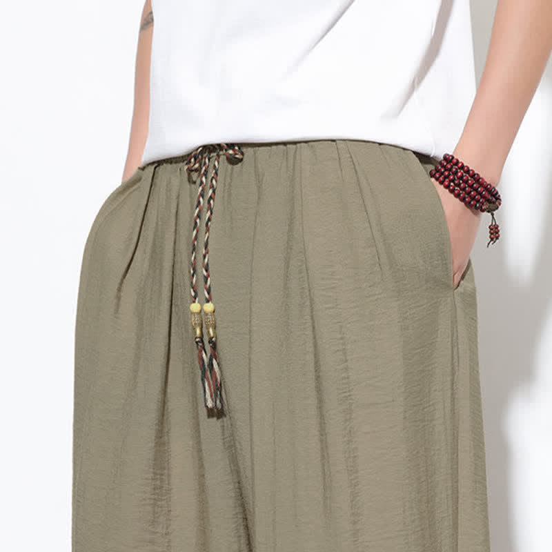 Buddha Stones Pantaloni corti estivi casual boho con coulisse, pantaloni harem da uomo a tinta unita con tasca - image 35