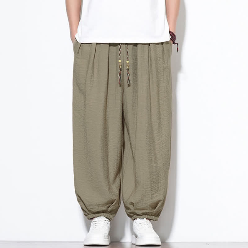 Buddha Stones Pantaloni corti estivi casual boho con coulisse, pantaloni harem da uomo a tinta unita con tasca - image 32