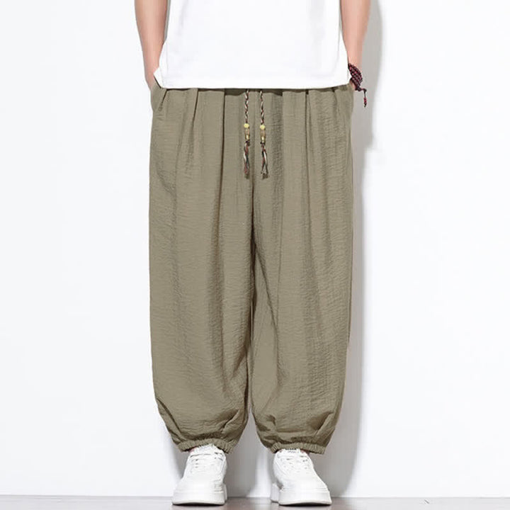 Buddha Stones Pantaloni corti estivi casual boho con coulisse, pantaloni harem da uomo a tinta unita con tasca - image 32