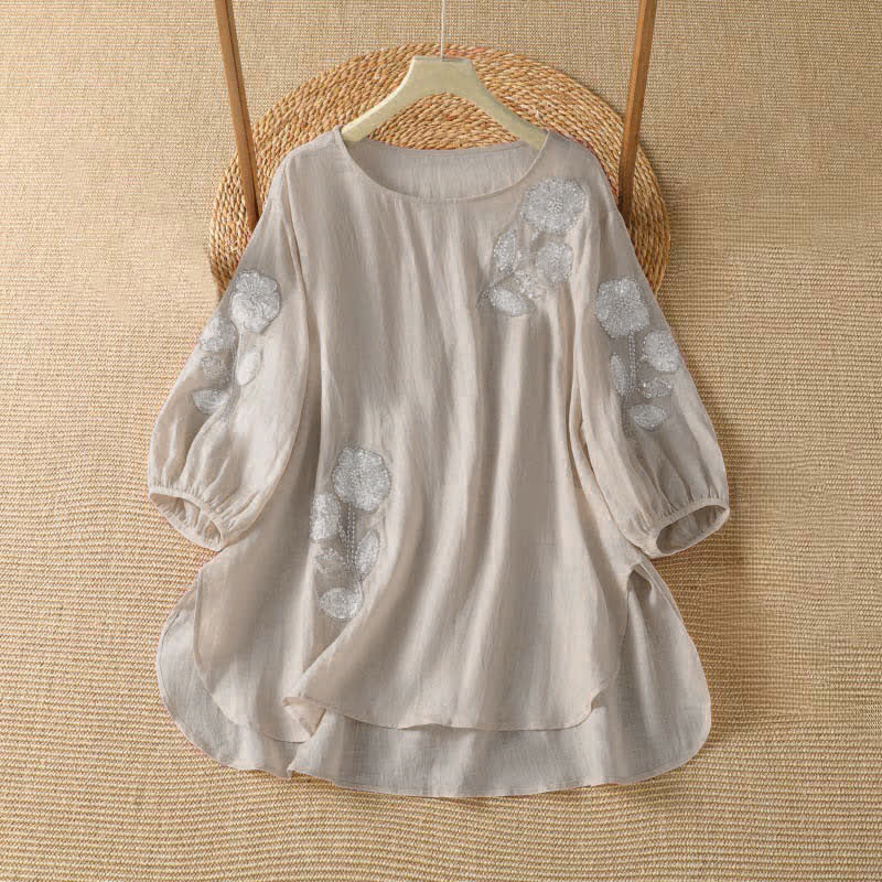 Buddha Stones T-shirt da donna a maniche lunghe, elegante e casual, con scollo rotondo e ricamo floreale bianco, ideale per l'estate. - Rosa Nebbiosa - US14, UK/AU18, EU46 (2XL) - image 0