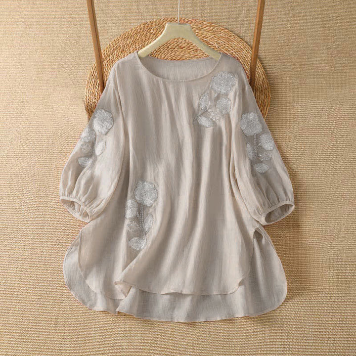 Buddha Stones T-shirt da donna a maniche lunghe, elegante e casual, con scollo rotondo e ricamo floreale bianco, ideale per l'estate. - Rosa Nebbiosa - US14, UK/AU18, EU46 (2XL) - image 0