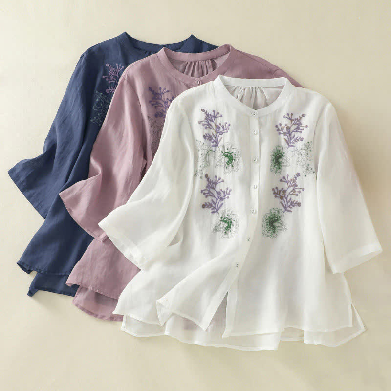 Camicia da donna con ricamo Buddha Stones, design a pieghe, colletto alla coreana, maniche a tre quarti e spacco laterale. - image 25