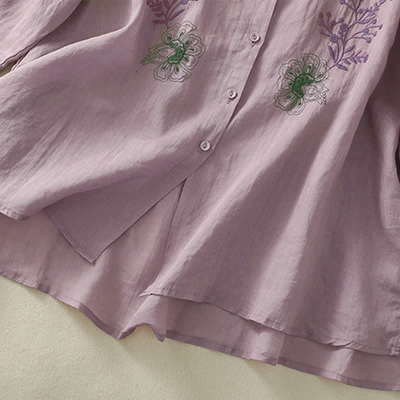 Camicia da donna con ricamo Buddha Stones, design a pieghe, colletto alla coreana, maniche a tre quarti e spacco laterale. - image 13