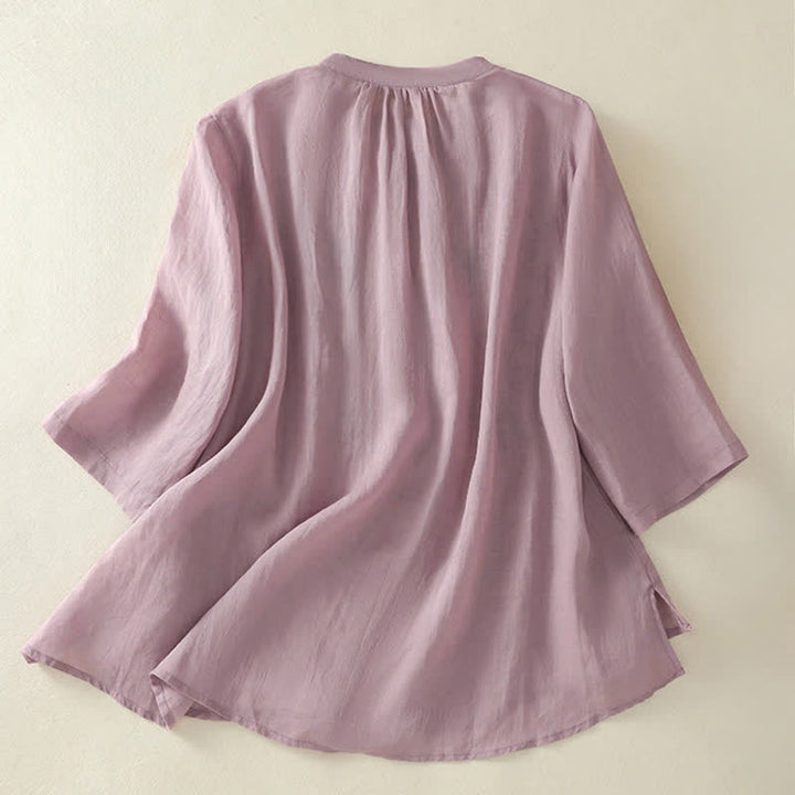 Camicia da donna con ricamo Buddha Stones, design a pieghe, colletto alla coreana, maniche a tre quarti e spacco laterale. - image 8