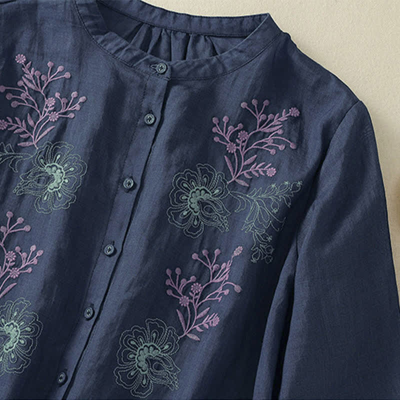 Camicia da donna con ricamo Buddha Stones, design a pieghe, colletto alla coreana, maniche a tre quarti e spacco laterale. - image 4
