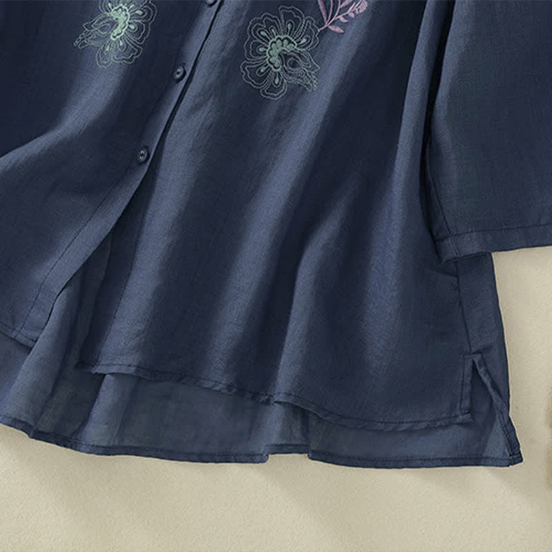 Camicia da donna con ricamo Buddha Stones, design a pieghe, colletto alla coreana, maniche a tre quarti e spacco laterale. - image 6