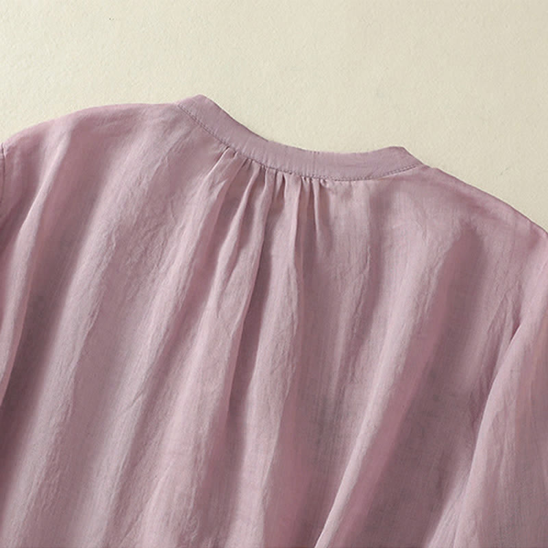 Camicia da donna con ricamo Buddha Stones, design a pieghe, colletto alla coreana, maniche a tre quarti e spacco laterale. - image 10