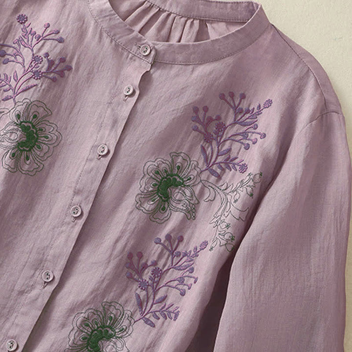 Camicia da donna con ricamo Buddha Stones, design a pieghe, colletto alla coreana, maniche a tre quarti e spacco laterale. - image 11