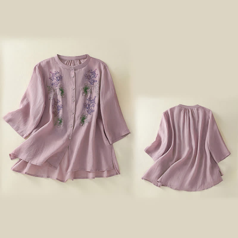 Camicia da donna con ricamo Buddha Stones, design a pieghe, colletto alla coreana, maniche a tre quarti e spacco laterale. - image 15