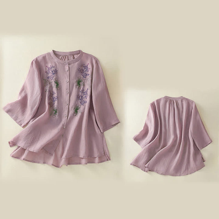 Camicia da donna con ricamo Buddha Stones, design a pieghe, colletto alla coreana, maniche a tre quarti e spacco laterale. - image 15