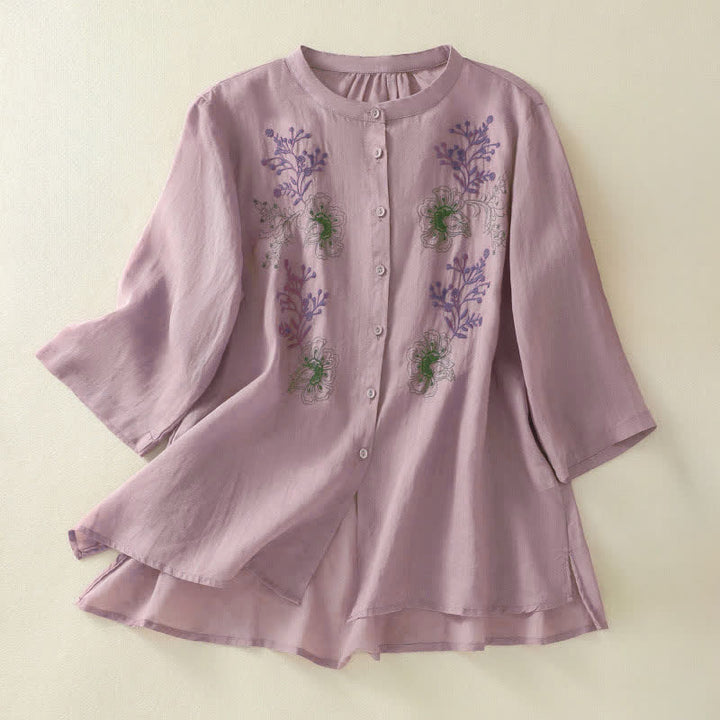Camicia da donna con ricamo Buddha Stones, design a pieghe, colletto alla coreana, maniche a tre quarti e spacco laterale. - Prugna - US8-10, UK/AU12-14, EU40-42 (2XL) - image 7