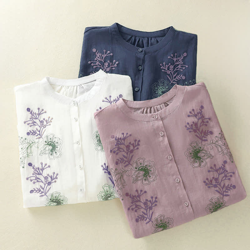 Camicia da donna con ricamo Buddha Stones, design a pieghe, colletto alla coreana, maniche a tre quarti e spacco laterale. - image 26