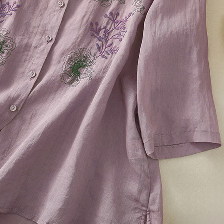 Camicia da donna con ricamo Buddha Stones, design a pieghe, colletto alla coreana, maniche a tre quarti e spacco laterale. - image 12