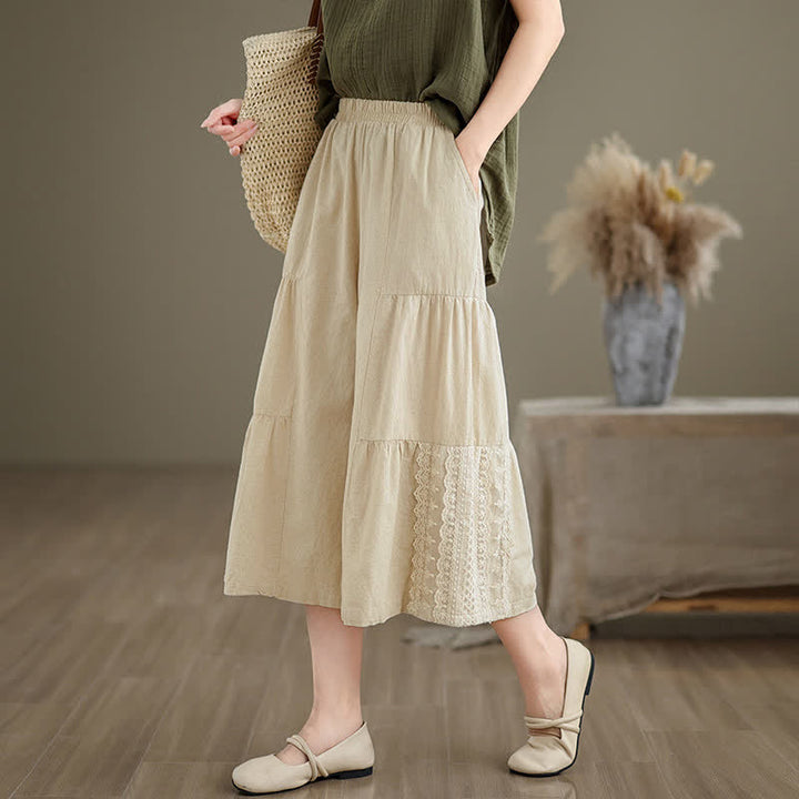 Pantaloni da donna a gamba larga, corti, in cotone, con inserti in pizzo e tasche , Buddha Stones Casual Plain Lace Splicing. - image 2