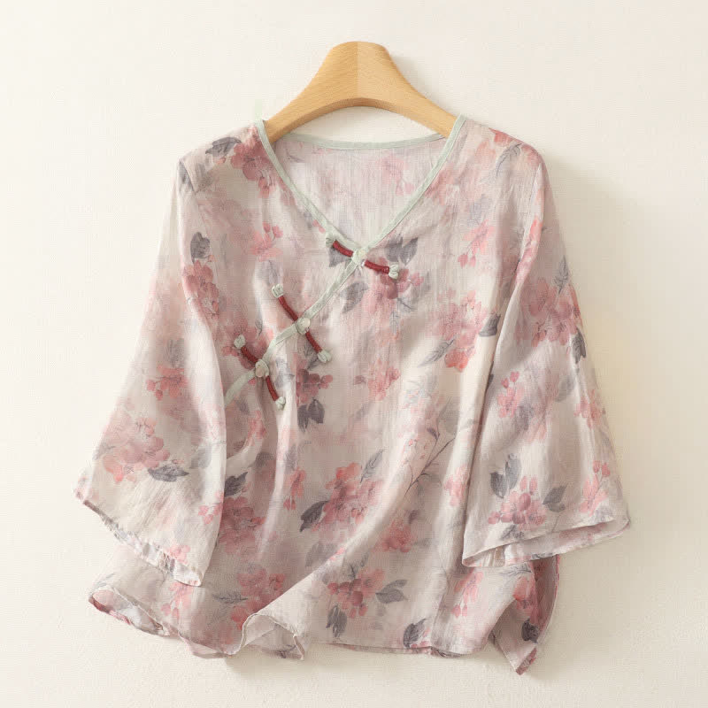 Buddha Stones Camicia da donna estiva stile Tang vintage con scollo a V, bottoni a rana e stampa floreale, maniche a tre quarti. - Beige - US12, UK/AU16, EU44 (3XL) - image 5