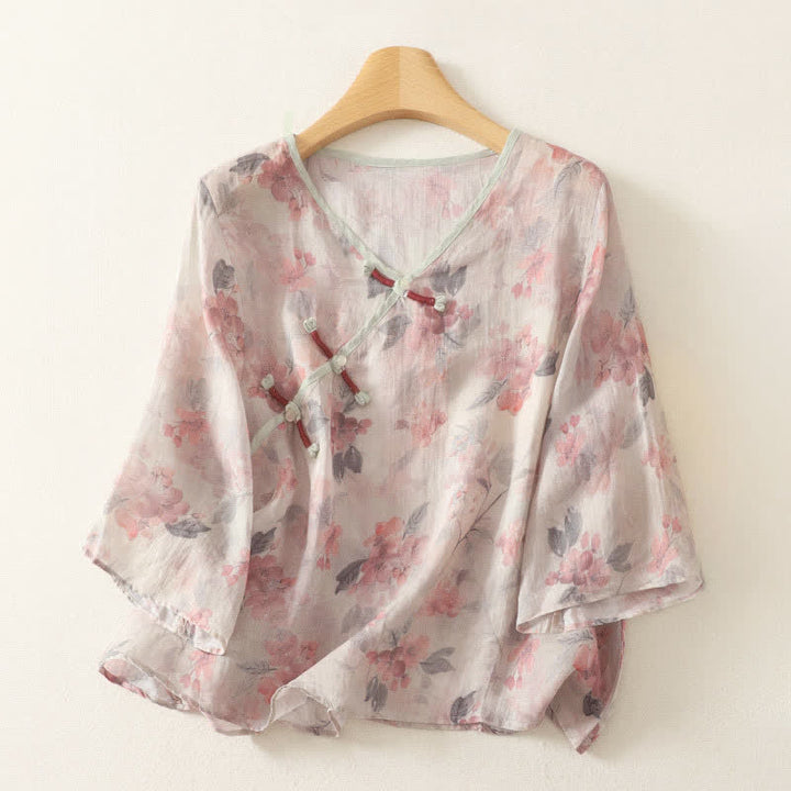 Buddha Stones Camicia da donna estiva stile Tang vintage con scollo a V, bottoni a rana e stampa floreale, maniche a tre quarti. - Beige - US12, UK/AU16, EU44 (3XL) - image 5