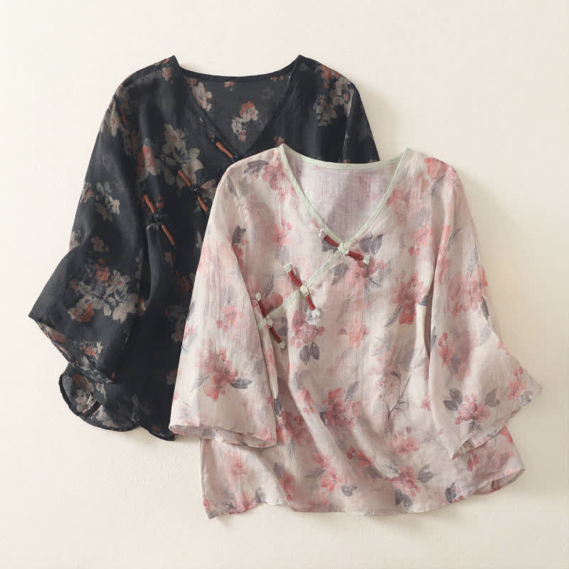 Buddha Stones Camicia da donna estiva stile Tang vintage con scollo a V, bottoni a rana e stampa floreale, maniche a tre quarti. - image 14
