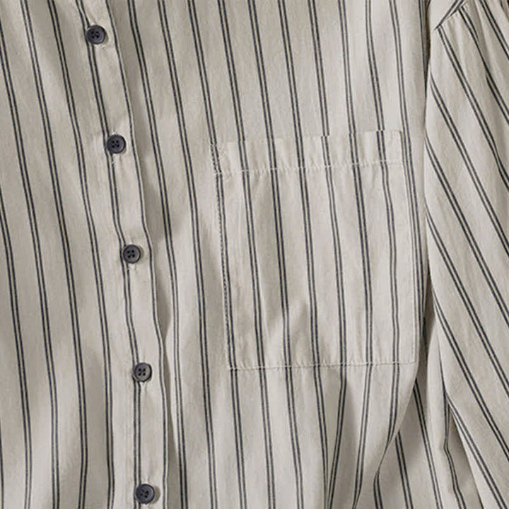 Buddha Stones Camicia da donna a maniche lunghe, casual, minimalista, con bottoni, a righe e profili a contrasto, ideale per la primavera/estate, con taschino applicato. - image 6