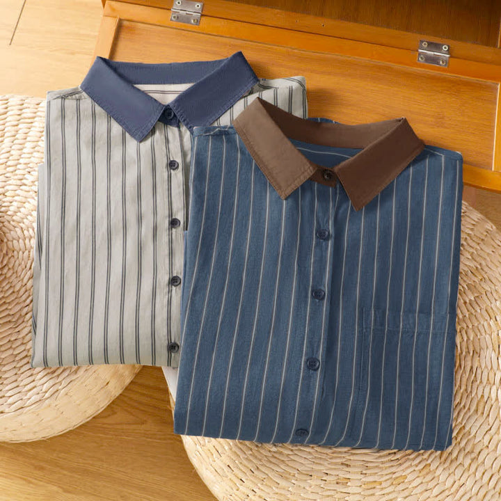 Buddha Stones Camicia da donna a maniche lunghe, casual, minimalista, con bottoni, a righe e profili a contrasto, ideale per la primavera/estate, con taschino applicato. - image 18