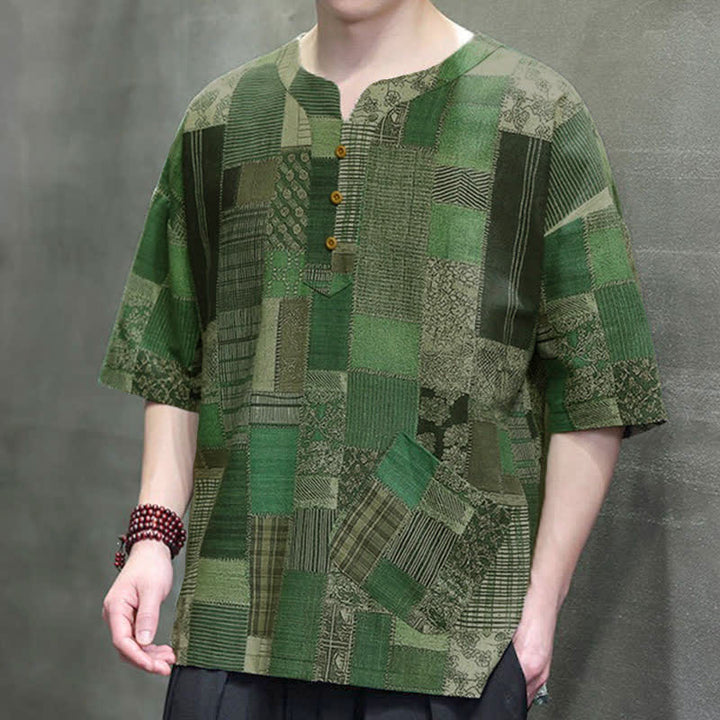 Buddha Stones Camicia da uomo estiva casual a maniche corte con motivo patchwork a quadri e taschino applicato, in stile boho. - image 6