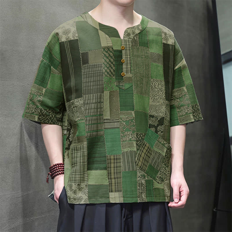 Buddha Stones Camicia da uomo estiva casual a maniche corte con motivo patchwork a quadri e taschino applicato, in stile boho. - image 2