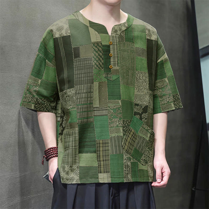 Buddha Stones Camicia da uomo estiva casual a maniche corte con motivo patchwork a quadri e taschino applicato, in stile boho. - image 2