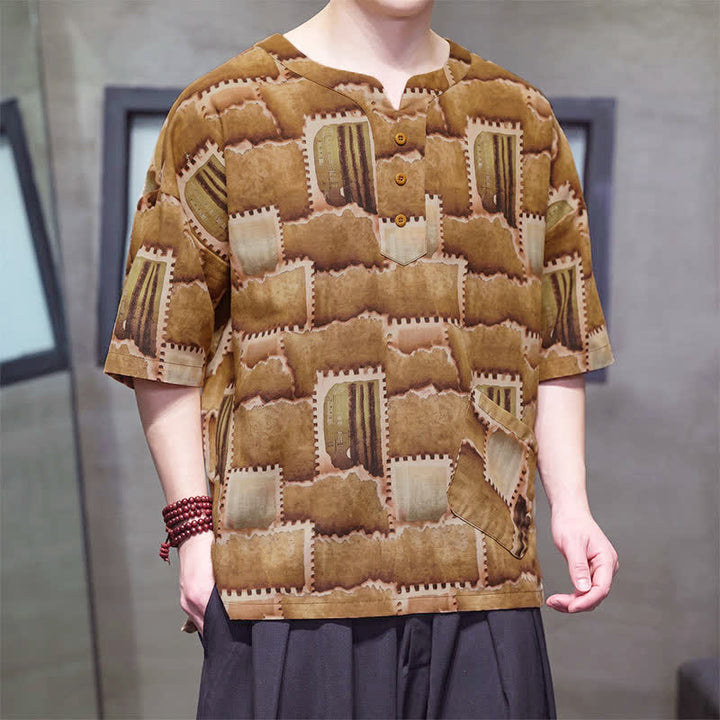 Buddha Stones Camicia da uomo estiva casual a maniche corte con motivo patchwork a quadri e taschino applicato, in stile boho. - image 15