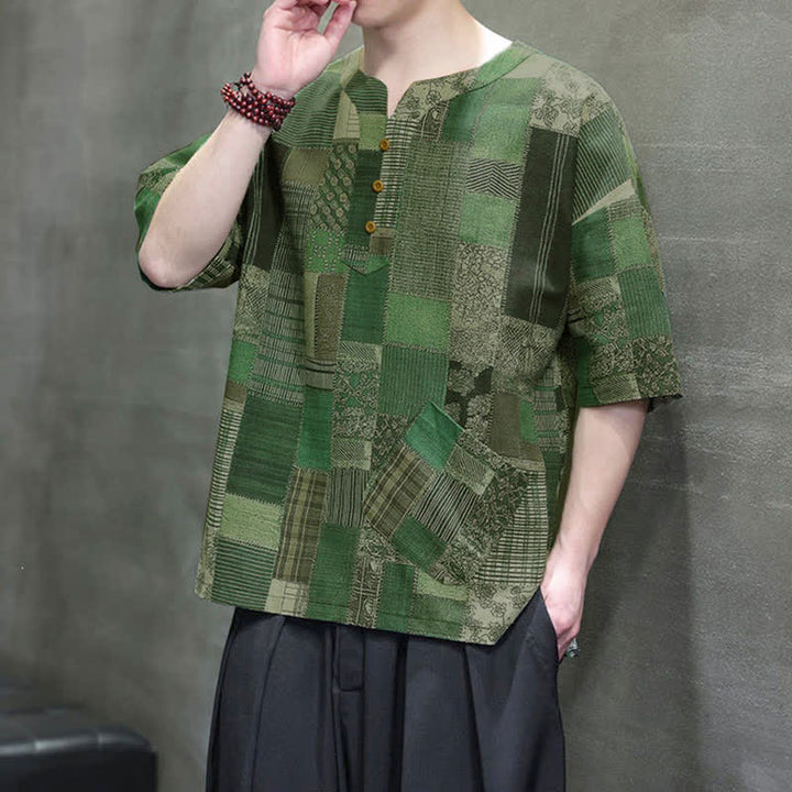 Buddha Stones Camicia da uomo estiva casual a maniche corte con motivo patchwork a quadri e taschino applicato, in stile boho. - image 8