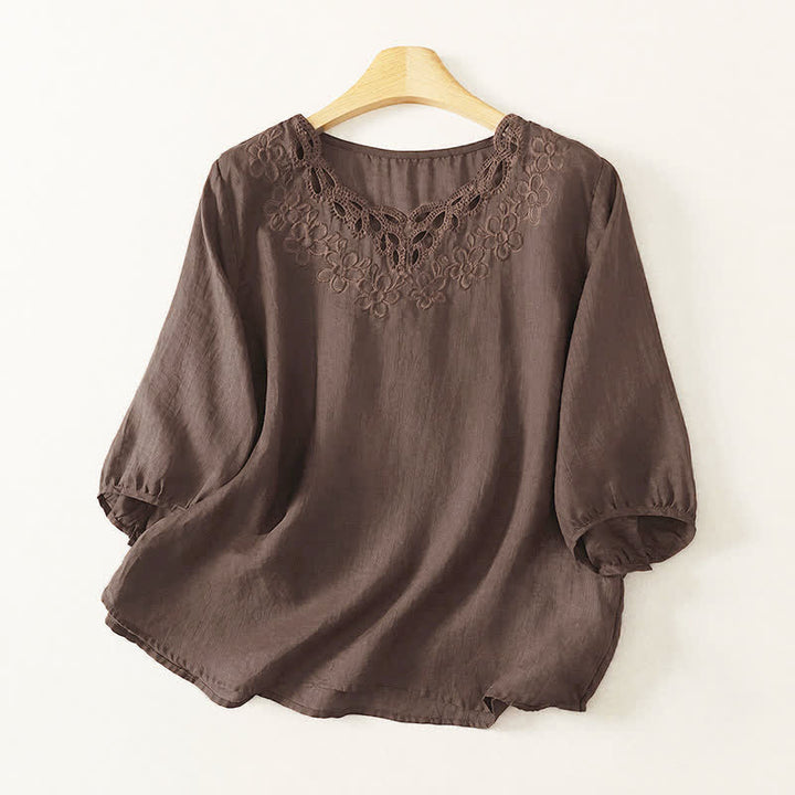 Buddha Stones T-shirt da donna a maniche a tre quarti, stile vintage, casual, con scollo rotondo e ricami, tinta unita, ideale per primavera/estate. - Marrone sella - US12, UK/AU16, EU44 (2XL) - image 0