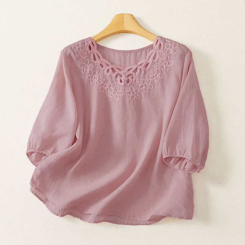 Buddha Stones T-shirt da donna a maniche a tre quarti, stile vintage, casual, con scollo rotondo e ricami, tinta unita, ideale per primavera/estate. - Rosa - US12, UK/AU16, EU44 (2XL) - image 10