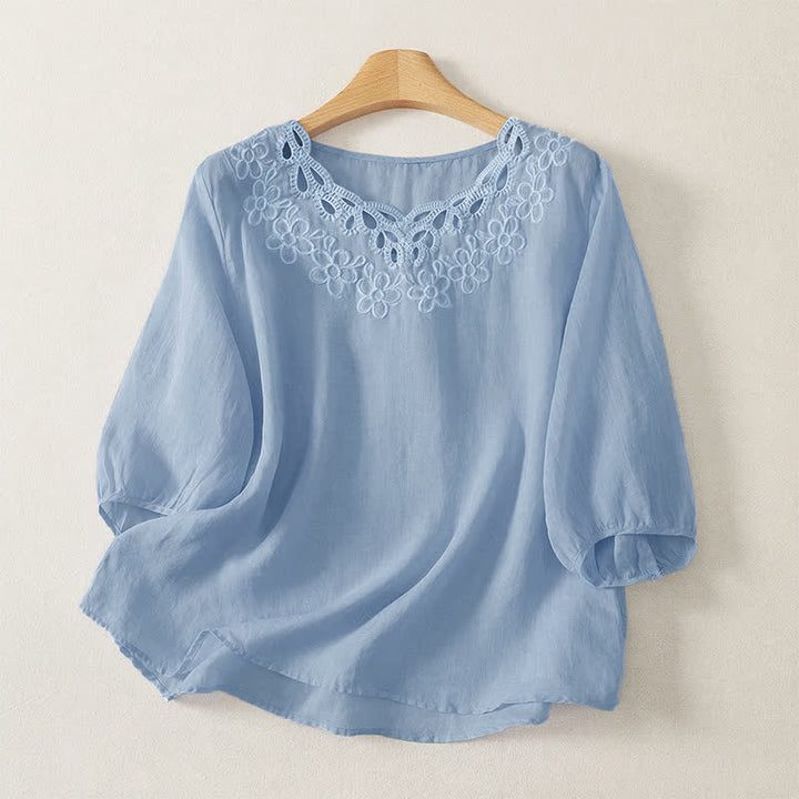 Buddha Stones T-shirt da donna a maniche a tre quarti, stile vintage, casual, con scollo rotondo e ricami, tinta unita, ideale per primavera/estate. - Azzurro polvere - US12, UK/AU16, EU44 (2XL) - image 5