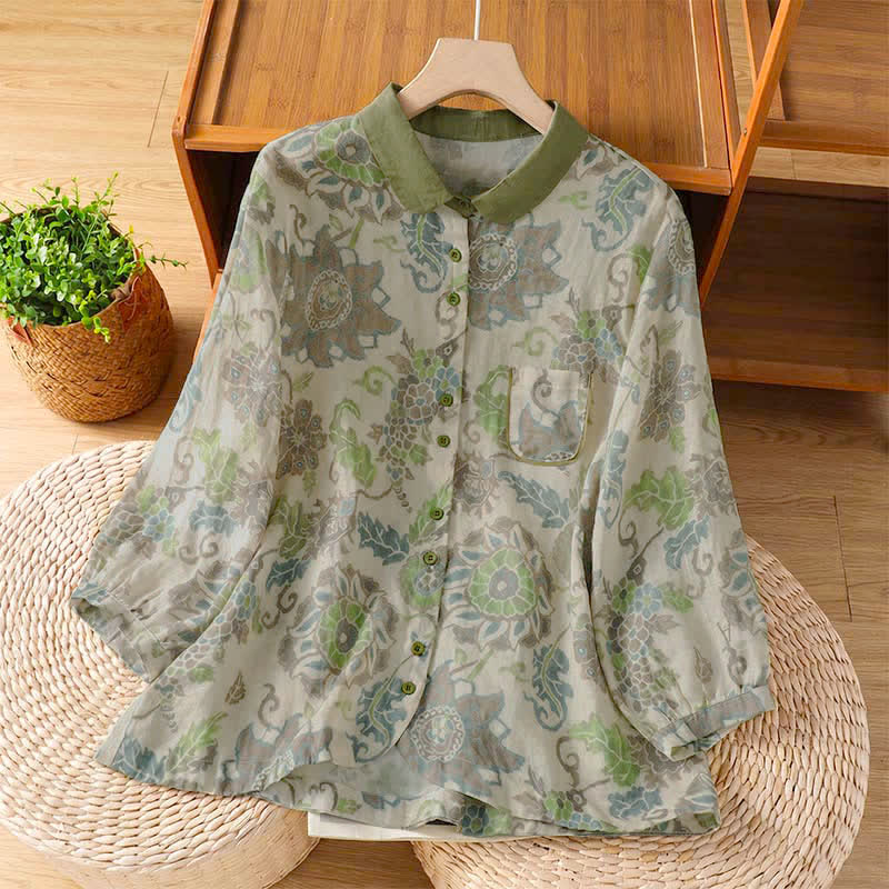 Buddha Stones Camicia da donna a maniche lunghe, stile vintage, con bottoni e stampa floreale, ideale per primavera/estate, casual e con taschino. - Verde Mare Scuro - US8-10, UK/AU12-14, EU40-42 (2XL) - image 0