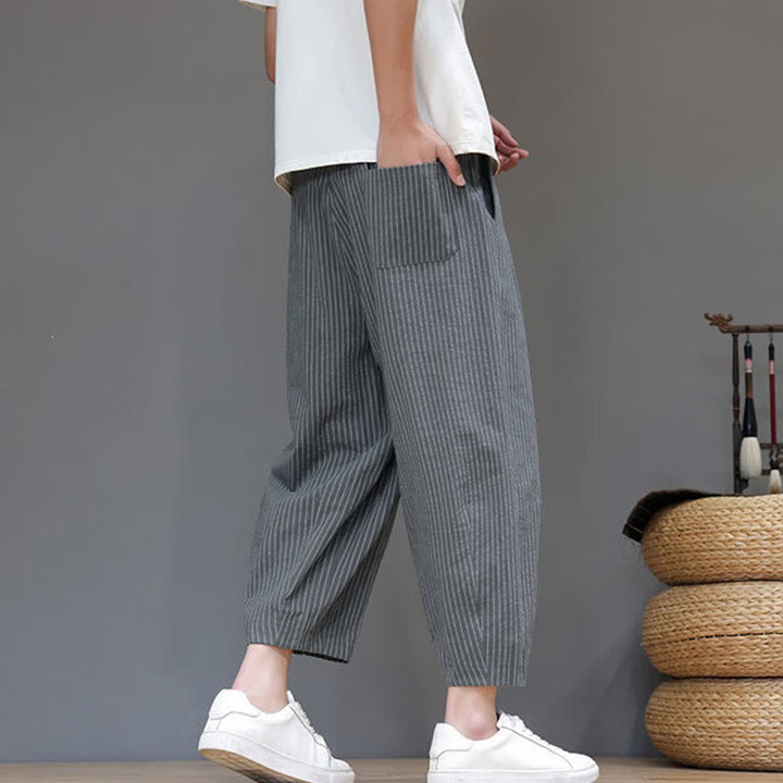 Buddha Stones Pantaloni capri estivi casual minimalisti con coulisse a righe in cotone e lino, pantaloni affusolati da uomo con tasca - image 3