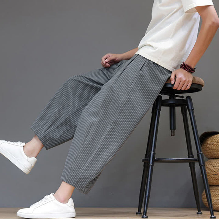 Buddha Stones Pantaloni capri estivi casual minimalisti con coulisse a righe in cotone e lino, pantaloni affusolati da uomo con tasca - image 7