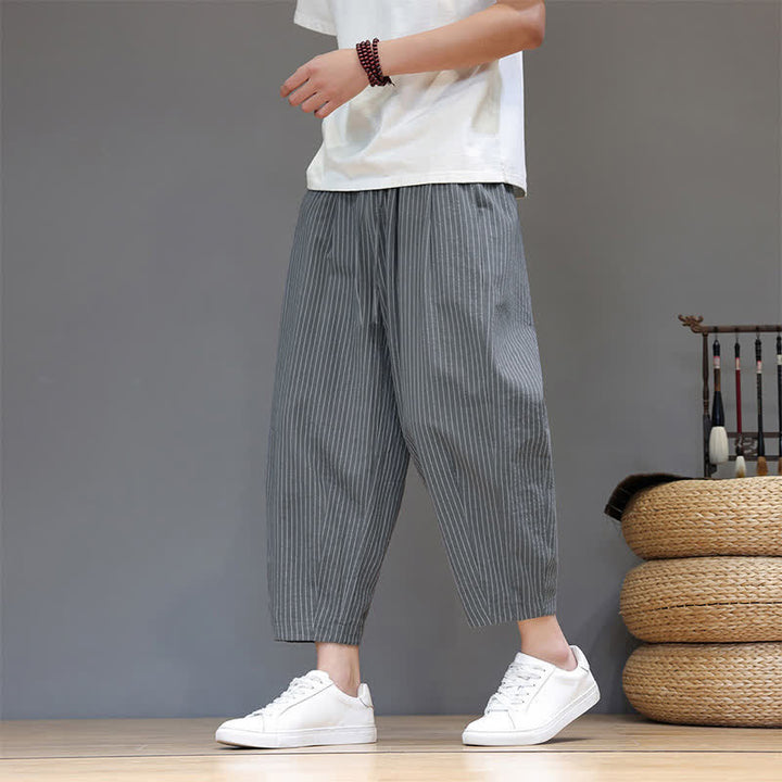 Buddha Stones Pantaloni capri estivi casual minimalisti con coulisse a righe in cotone e lino, pantaloni affusolati da uomo con tasca - image 5