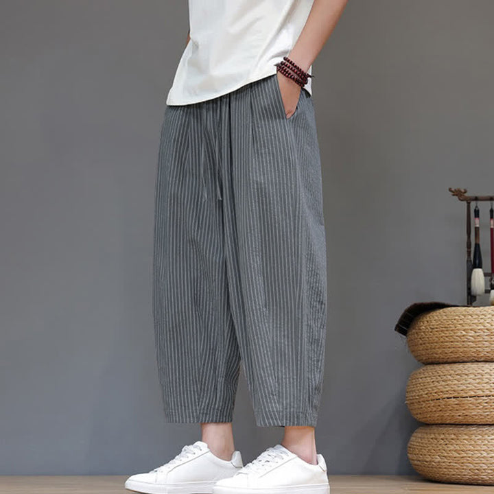 Buddha Stones Pantaloni capri estivi casual minimalisti con coulisse a righe in cotone e lino, pantaloni affusolati da uomo con tasca - image 6