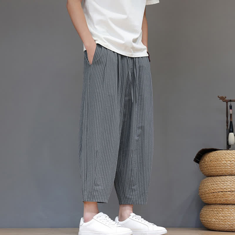 Buddha Stones Pantaloni capri estivi casual minimalisti con coulisse a righe in cotone e lino, pantaloni affusolati da uomo con tasca - image 2