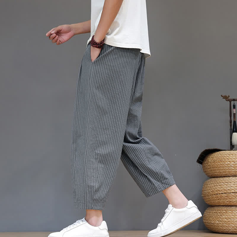 Buddha Stones Pantaloni capri estivi casual minimalisti con coulisse a righe in cotone e lino, pantaloni affusolati da uomo con tasca - image 4