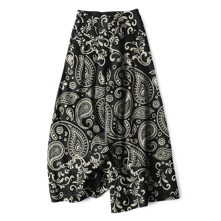 Buddha Stones Pantaloni da donna a gamba larga con elastico in vita e tasche, in cotone e lino, con fantasia paisley vintage. - Nero - US16, UK/AU20, EU48 (3XL) - image 0