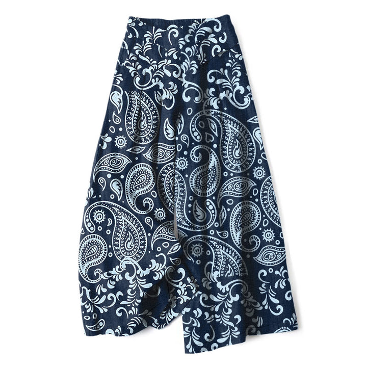 Buddha Stones Pantaloni da donna a gamba larga con elastico in vita e tasche, in cotone e lino, con fantasia paisley vintage. - Marina - US16, UK/AU20, EU48 (3XL) - image 6